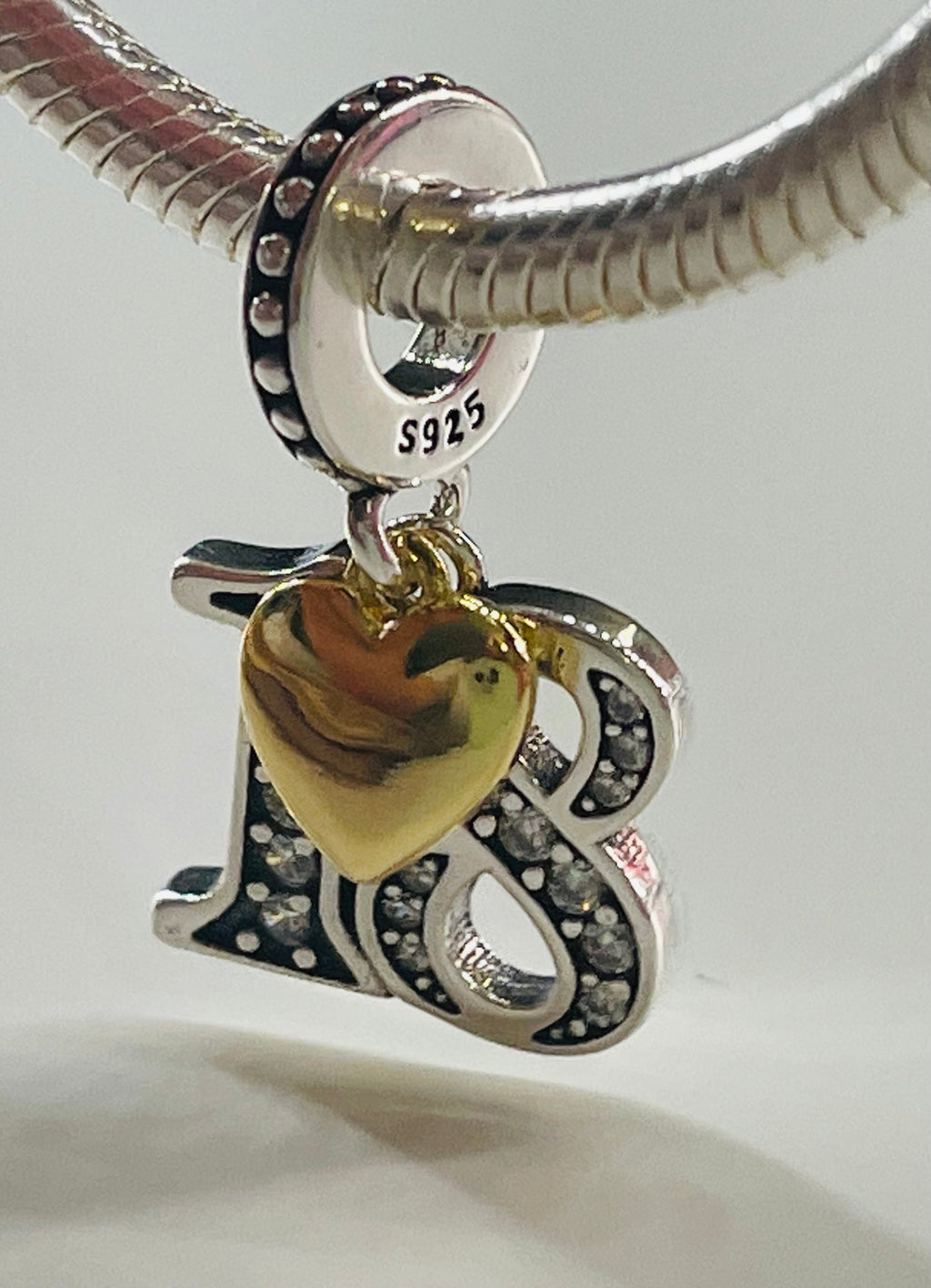 18th birthday silver charm with CZ stones