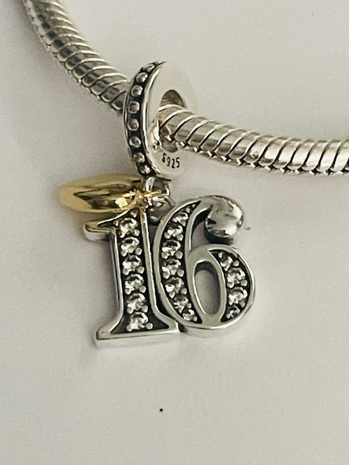 16th birthday charm with gold heart on silver bracelet